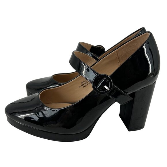 Black Patent Mary Jane Chunky Block Heels Womens 8 Platform Buckle Strap Whimsy - Picture 3 of 11